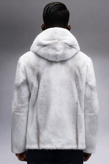 White Faux Fur Zip-Up Hooded Long Sleeve Men's Winter Coat